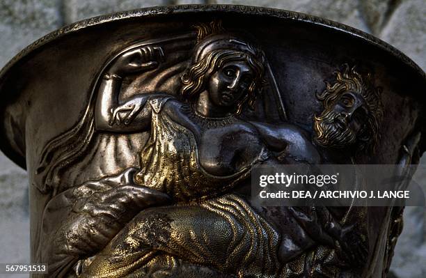 Boreas raping Orizia, detail of the decoration on an embossed silver fawn-shaped rhyton. Thracian civilisation, 5th-4th century BC. Trieste, Museo Di...