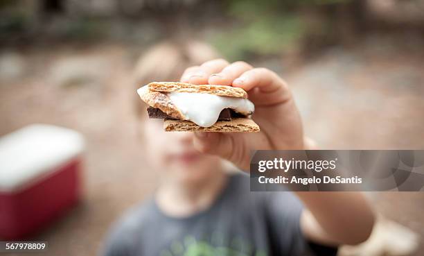 boy holding a s'more - face covered stock pictures, royalty-free photos & images