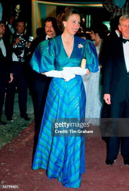 Princess Anne wearing a long blue and green evening dress at the Berkeley Square Ball.