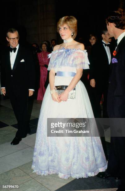 Diana Princess of Wales at 'Splendours of the Gonzaga' exhibition at the Victoria and Albert Museum wearing a dress designed by Bellville Sassoon.