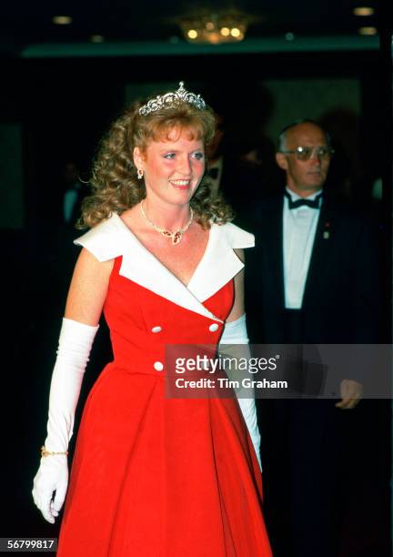 Sarah Ferguson, Duchess of York attending a banquet in Toronto during a visit to Canada.
