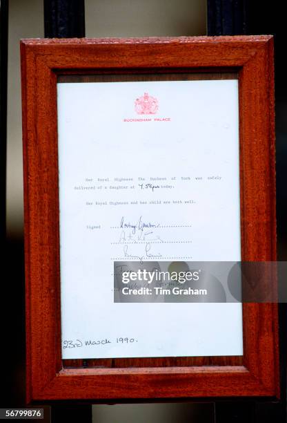 The Buckingham Palace official notice announcing the birth of Princess Eugenie.