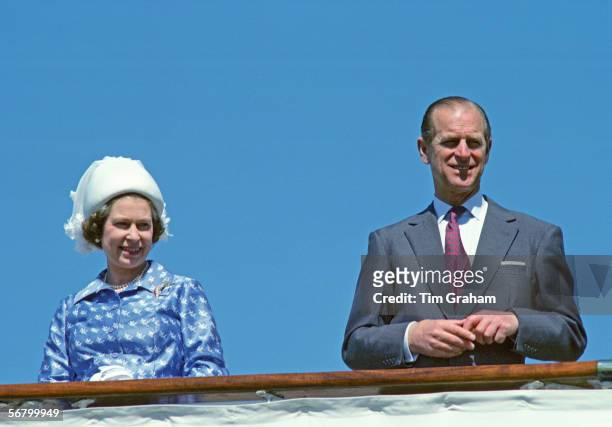 Queen Elizabeth II and Prince Philip setting sail from Kuwait aboard the Royal Yacht Britannia. .