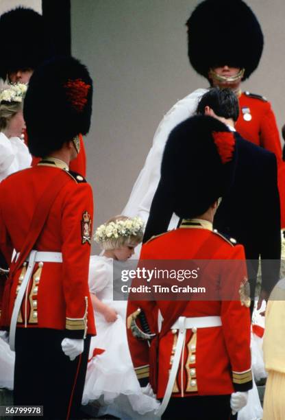 Zara Phillips as bridesmaid at the wedding of Richard Plunkett-Ernle-Erle- Drax to Zara Legge-Bourke at Guards Chapel Wellington Barracks 1980s .