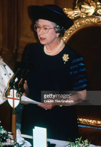 Queen Elizabeth II at Guildhall in London makes 'Annus Horribilis' speech describing her sadness at the events of the year which included the...