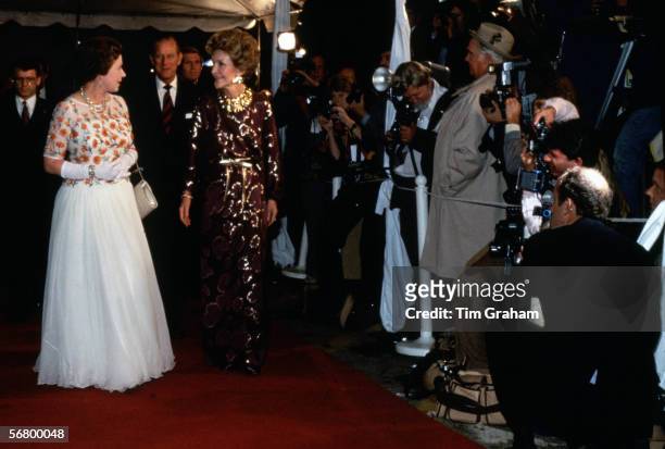 Queen Elizabeth II and Nancy Reagan arriving at Star's Concert in California.