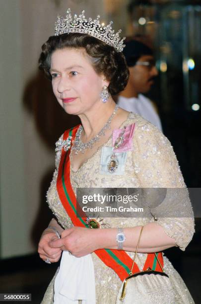 Queen Elizabeth II attends a banquet at Claridges in London.