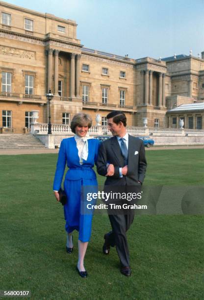 Prince Charles and Lady Diana Spencer in the gardens of Buckingham Palace on the day of announcing their engagement.