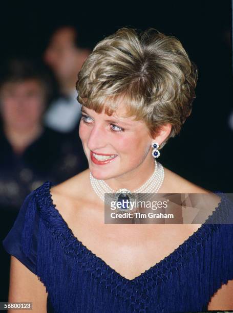 Diana Princess of Wales wears a sapphire and pearl choker during a visit to Ottawa, Canada.
