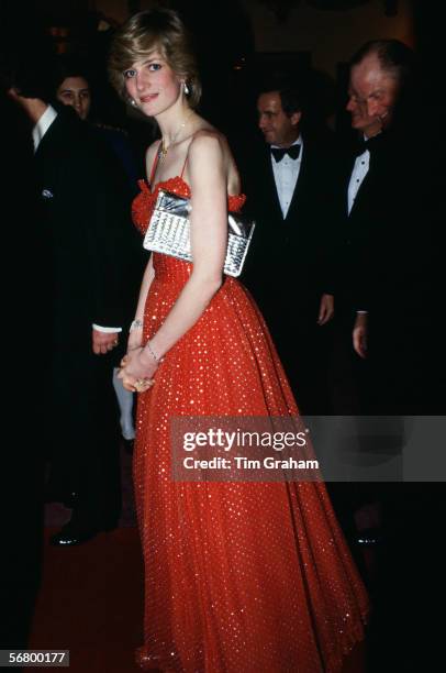 Diana, Princess of Wales arrives at the Royal Opera House, Covent Garden, London, for a charity gala performance, 8th December 1982. The Princess is...