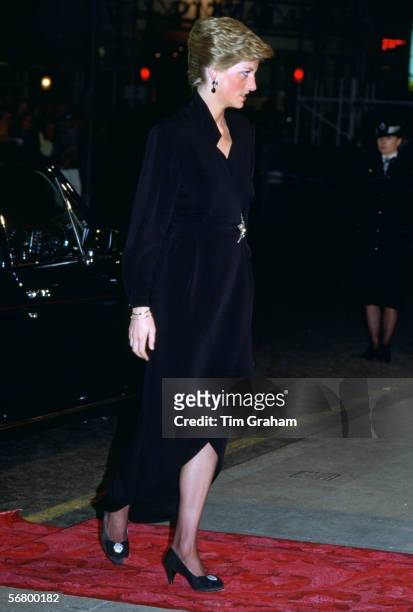Princess Diana, Princess of Wales arrives at the London Palladium.