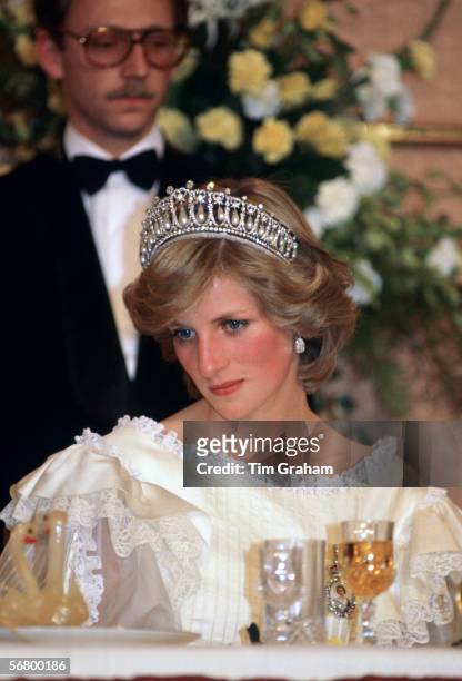 Princess Diana, Princess of Wales at a banquet in New Zealand.