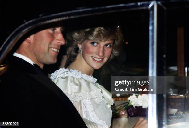 Princess Diana, Princess of Wales and Prince Charles, Prince of Wales on their way to a banquet during a visit to New Zealand.