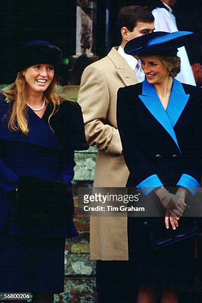 Princess Diana, Princess of Wales and Sarah Ferguson, Duchess of York attend the Christmas service at Sandringham.