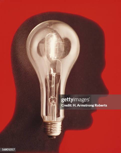 1950s: Large glowing light bulb superimposed on male mannequin head.