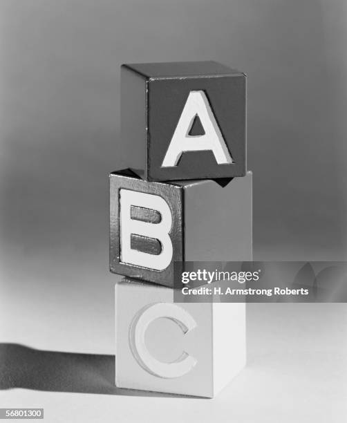 1950s: Wooden A B C alphabet blocks stacked vertically.