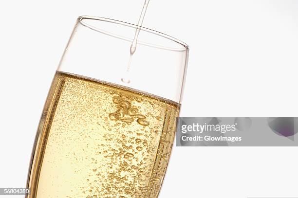 close-up of a champagne poured into a champagne flute - champagne flute white background stock pictures, royalty-free photos & images