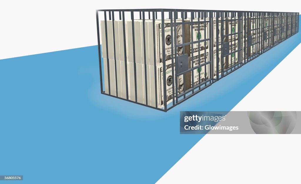 American ten dollar bills in a cage