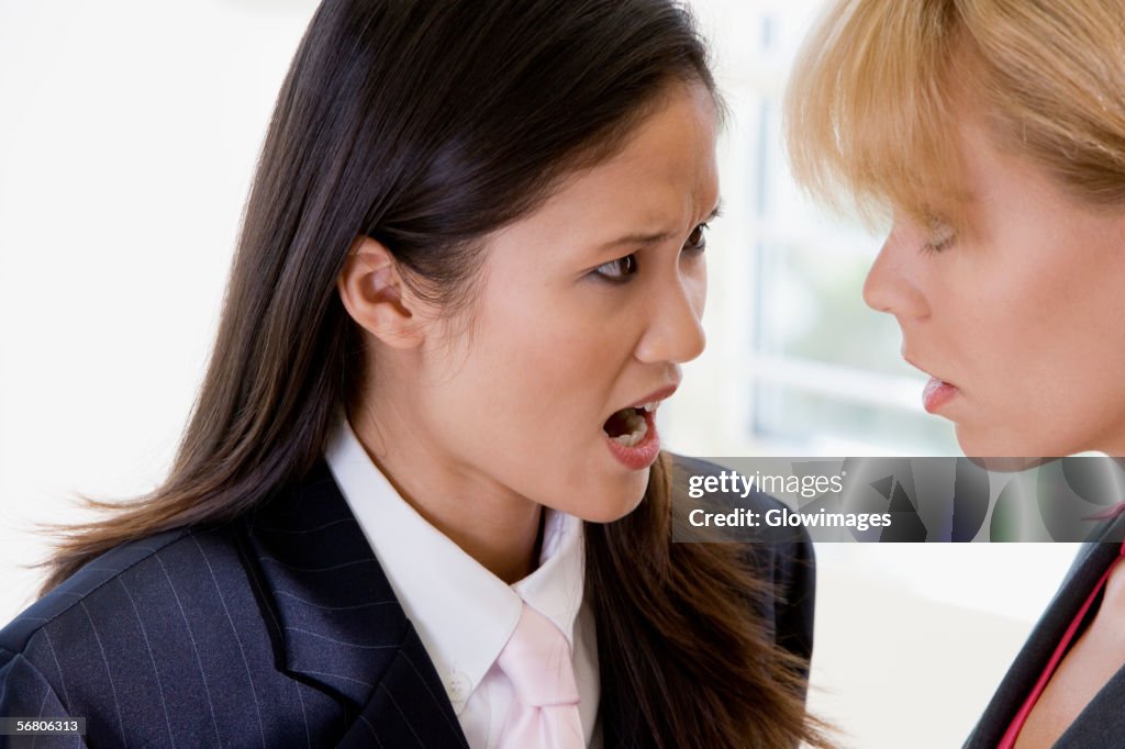 Close-up of a businesswoman scolding another businesswoman