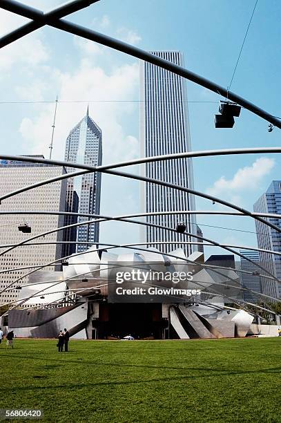 low angle view of a group of people standing on the lawn, jay pritzker pavilion, chicago, illinois, usa - michiganmeer stockfoto's en -beelden