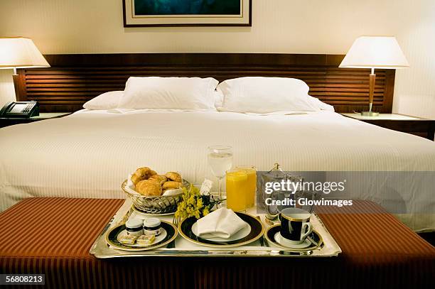 interiors of a hotel room - breakfast in bed tray stock-fotos und bilder