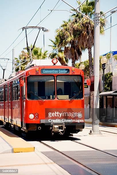 front profile of a trolley, san diego, california, usa - san diego street stockfoto's en -beelden