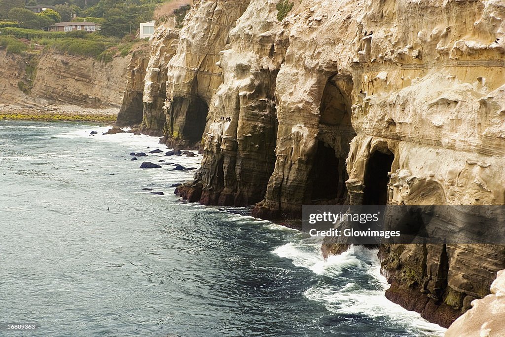 High angle view of caves under a cliff, La Jolla Reefs, San Diego Bay, California, USA