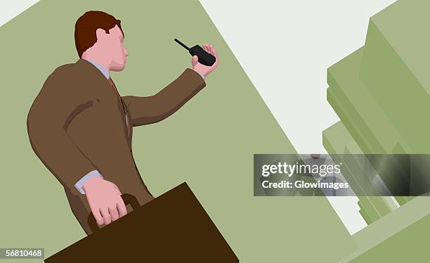 low angle view of a businessman holding a briefcase and a cordless phone - building from below stock illustrations