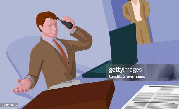 ilustrações de stock, clip art, desenhos animados e ícones de businessman sitting in front of a laptop holding a cordless phone - business woman desk stand