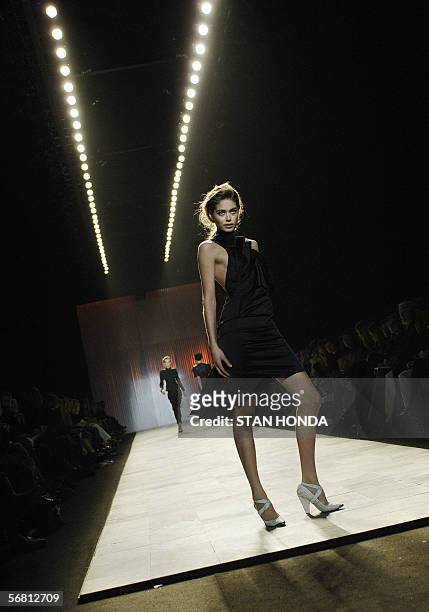 New York, UNITED STATES: A model presents a design at the Zac Posen Fall 2006 Fashion show 09 February in New York. AFP PHOTO/Stan HONDA