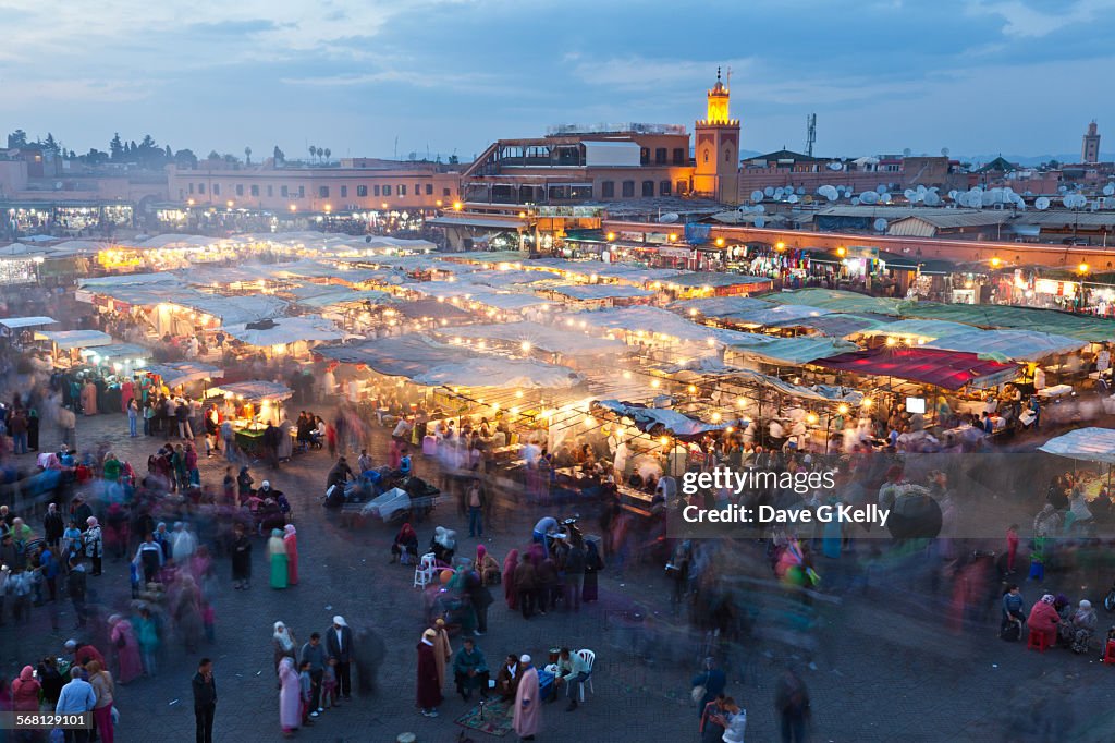 Djemaa El Fna Square at dusk, Marrakech, Morocco