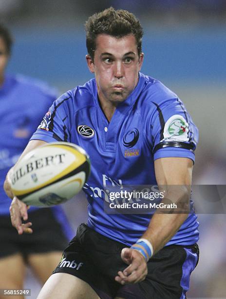 Lachlan McKay of the Force gets a pass away during the round one Super 14 match between the Western Force and the Brumbies played at Subiaco Oval...
