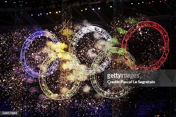 Fireworks light up the Olympic rings during the Opening Ceremony of the Turin 2006 Winter Olympic Games on February 10, 2006 at the Olympic Stadium...