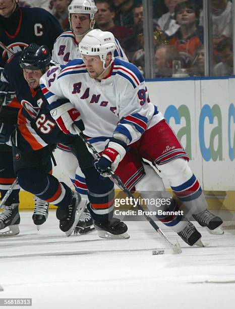 Michael Nylander of the New York Rangers skates with the puck during the game against the New York Islanders on February 2, 2006 at the Nassau...