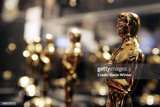 Oscars are displayed at "Meet the Oscars", an exhibit featuring the 50 Oscar statuettes that will be presented at the 78th Academy Awards, at...