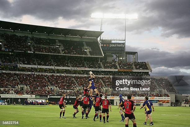 General view of a lineout during the Rd 1 Super 14 rugby match between the Crusaders and the Highlanders at Jade Stadium February 11, 2006 in...