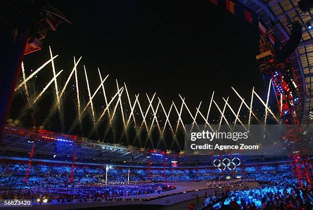 Fireworks light up the sky during the Opening Ceremony of the Turin 2006 Winter Olympic Games on February 10, 2006 at the Olympic Stadium in Turin,...