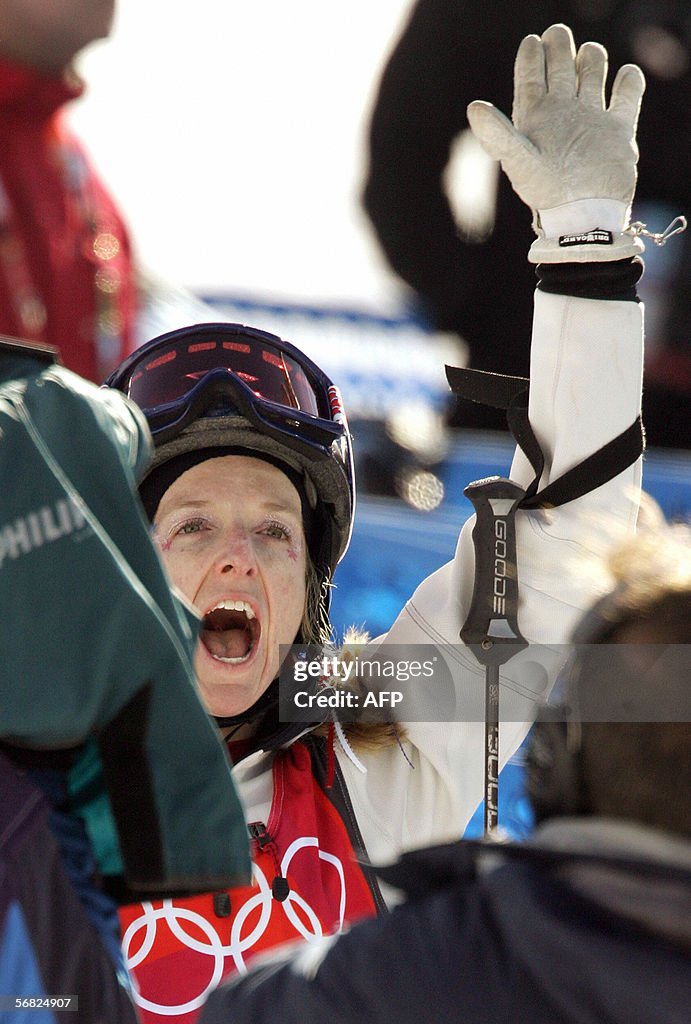 US Hannah Kearney reacts in the finish a