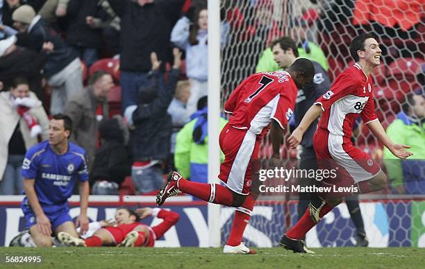 James Morrison of Middlesbrough celebrates scoring his teams second goal during the Barclays Premiership match between Middlesbrough and Chelsea at...