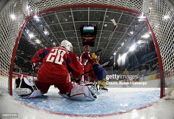 Goalkeeper Irina Gashennikova of Russia defends during the women's ice hockey Preliminary Round Group A match between Sweden and Russia during Day 1...