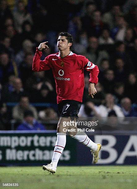 Cristiano Ronaldo of Manchester United celebrates scoring during the Barclays Premiership match between Portsmouth and Manchester United at Fratton...