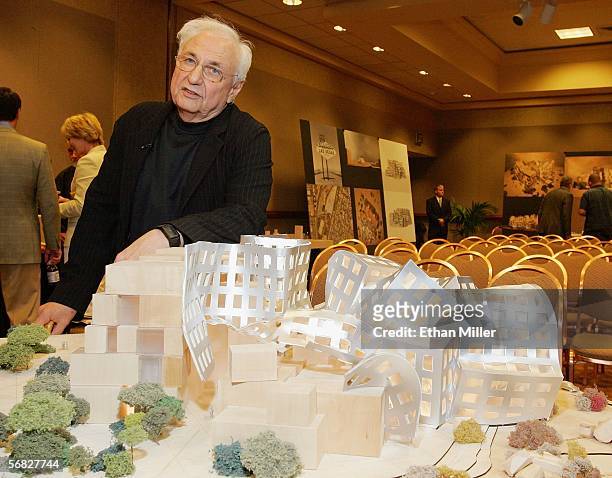 World-renowned architect Frank Gehry is interviewed about his design for the Lou Ruvo Alzheimer's Institute after a news conference at the MGM Grand...