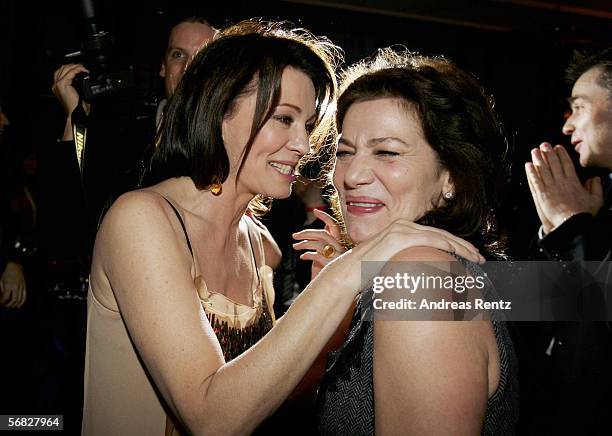 Iris Berben and Hannelore Elsner attend the 'Elementary Particles' premiere party at the China Club at the Adlon Hotel on February 11, 2006 in...