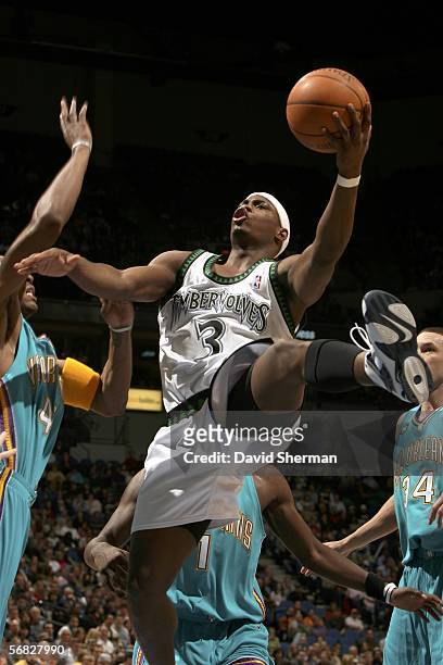 Marcus Banks of the Minnesota Timberwolves goes up for a shot against the New Orleans/Oklahoma City Hornets on February 11, 2006 at the Target Center...