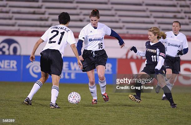 Christine McCann of the Boston Breakers dribbles the ball during the WUSA game against the New York Power in Richmond, Virginia on March 23, 2002....
