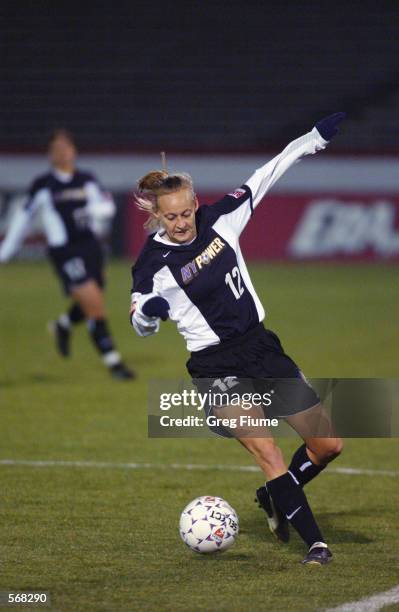 Krista Davey of the New York Power in action during the WUSA game against the Boston Breakers in Richmond, Virginia on March 23, 2002. The Breakers...