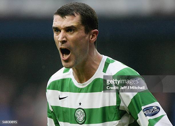 Roy Keane of Celtic shouts to his team mates during the Scottish Premier League match between Rangers and Celtic at Ibrox Stadium on February 12,...