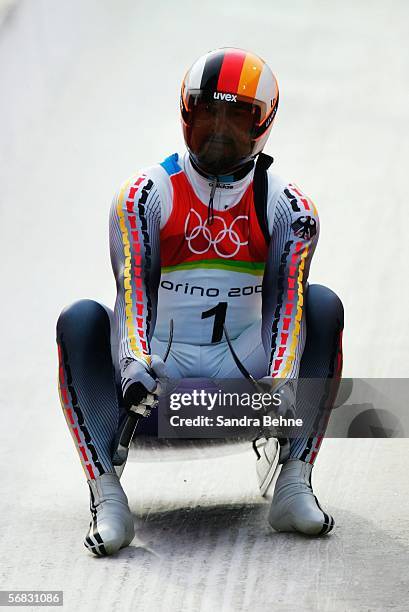 Georg Hackl of Germany completes his third run in the Mens Luge Single Final on Day 2 of the 2006 Turin Winter Olympic Games on February 12, 2006 in...