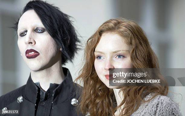 Rock singer Marilyn Manson and British top model Lily Cole pose during a press conference about the planned movie "Phantasmagoria - The Visions of...