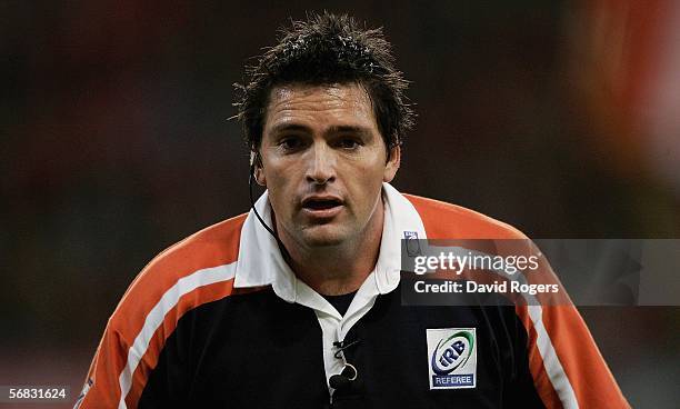 Referee Steve Walsh of New Zealand looks on during the RBS Six Nations Championship match between Wales and Scotland at the Millennium Stadium on...